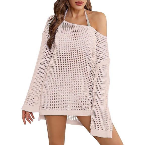 Vinsonshop Womens Beach Cover Ups Long Sleeve Crochet Swimsuit Coverup Hollow Out Mesh Dress Oversized Bathing Suit Tunic Swimwear Top Summer Vacation Outfits Beige L