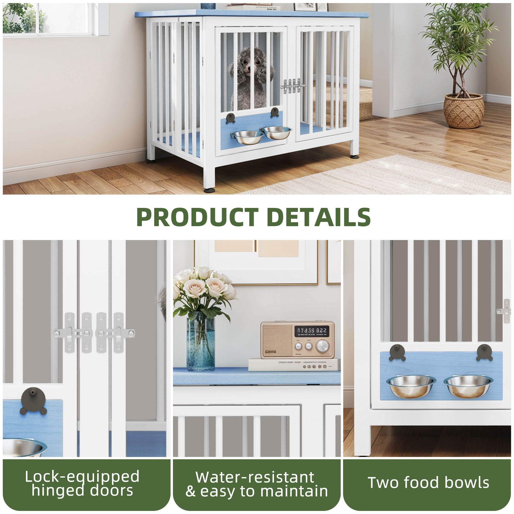 Uforic 39.3" Foldable Wooden Indoor Dog Cage Table with 360° Rotatable Bowls& Adjustable Feet, White&Blue