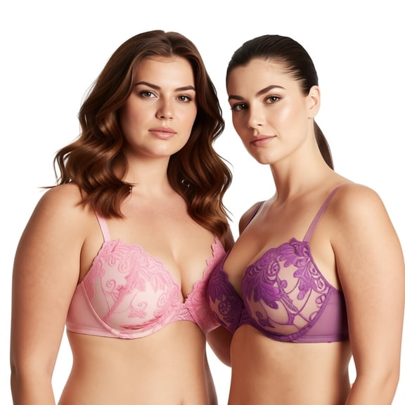 Curve Muse Women Plus Size Push Up Add 1 and a Half Cup Underwire Lace Mesh Bra-2PK-Pink,Grape-32B