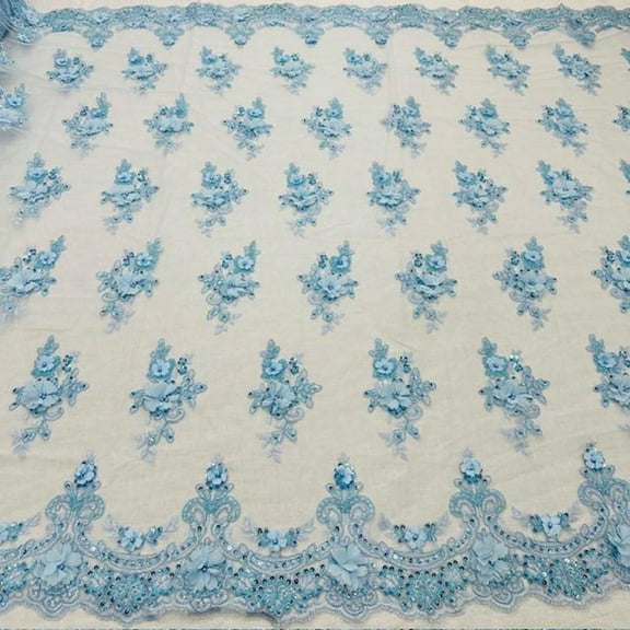 VT-30 – 3D Pearl Beaded Lace Fabric – 55 Inches Wide – by the Yard – Elegant Floral Mesh for Bridal Gowns, Dresses & Decor – Valentina Textiles Inc. (1 Yard, Baby Blue )