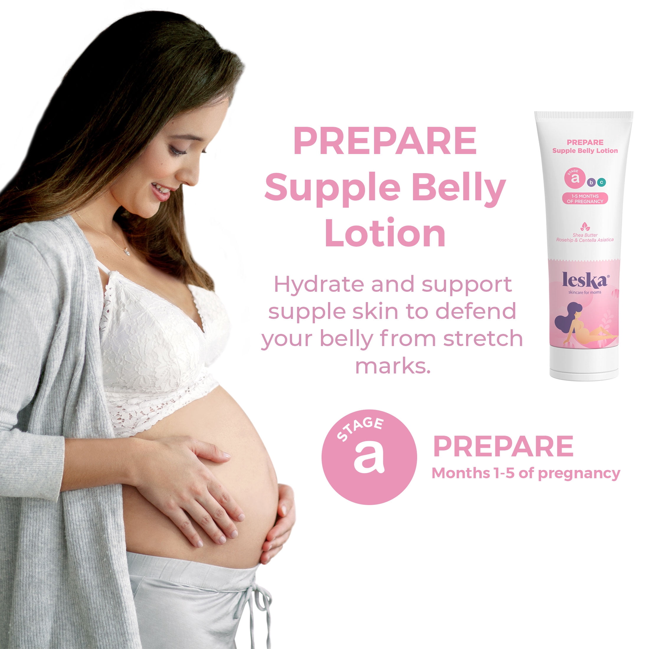 Leska Complete Maternity Set | PREPARE Supple Belly Lotion, HYDRATE Stretch Mark Defense Cream, RESTORE All-Over Toning Gel | Pregnancy & Postpartum Skin Care | New Mom Gifts (Set of 3, 4oz each)