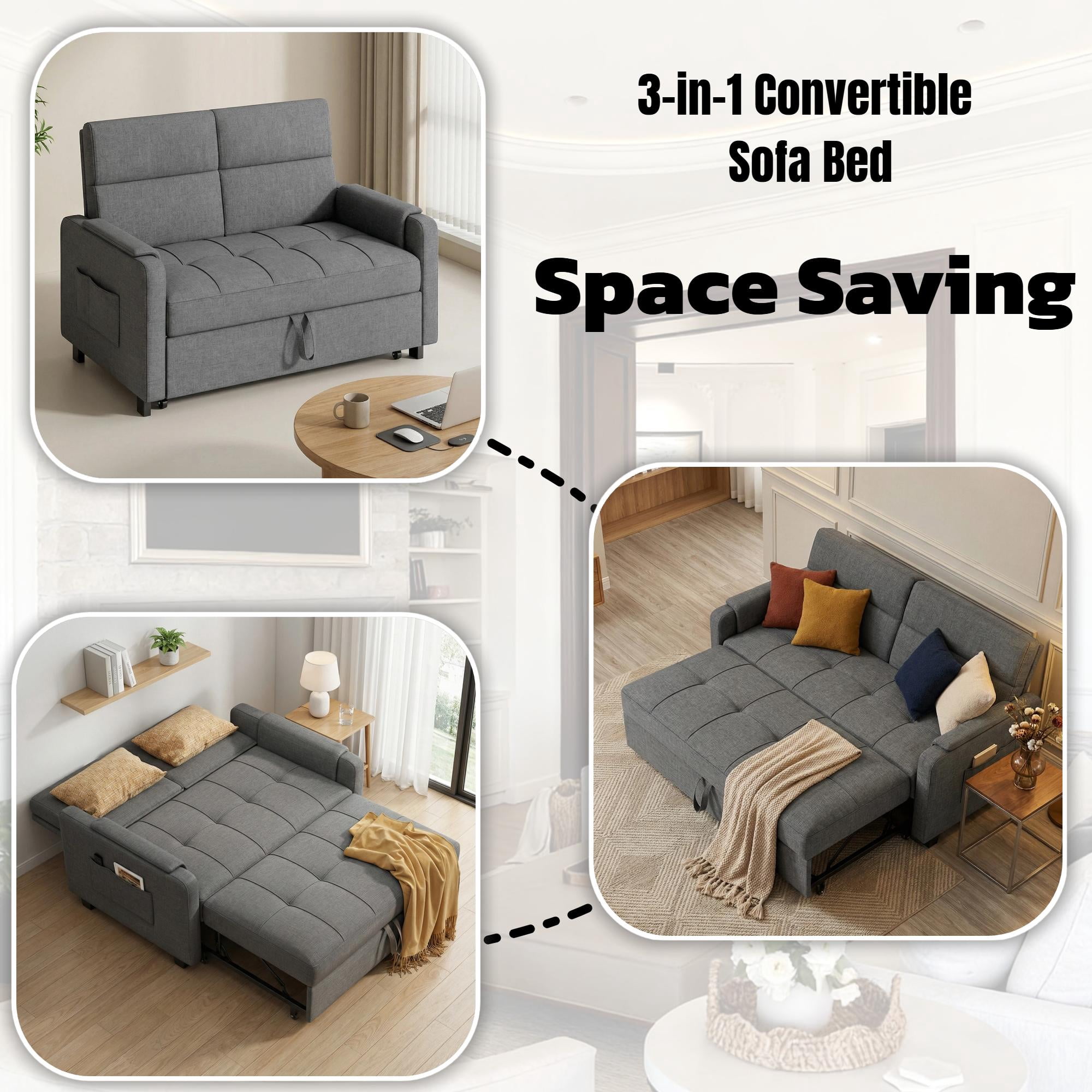 50" Sofa Bed, Lofka 3 in 1 Convertible Sleeper Loveseat, Pull Out Couches with Adjustable Backrest for Living Room Apartment, Linen, Dark Gray