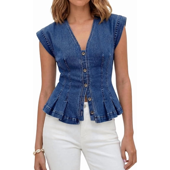otnbgsr Womens V Neck Denim Vests Tops Trendy Summer Casual Button Down Y2k Fitted Pleated Sleeveless Jean Tops