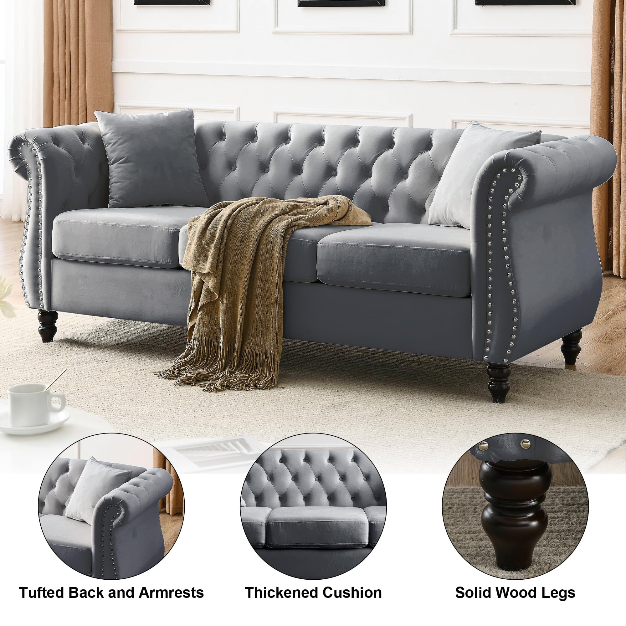 2 Piece Chesterfield Velvet Sofa, 80" 3-Seater and 59" Loveseat Sofa Set, Tufted Couch with 4 Pillows,Rolled Arms and Nailhead for Living Room, Bedroom, Office, Grey