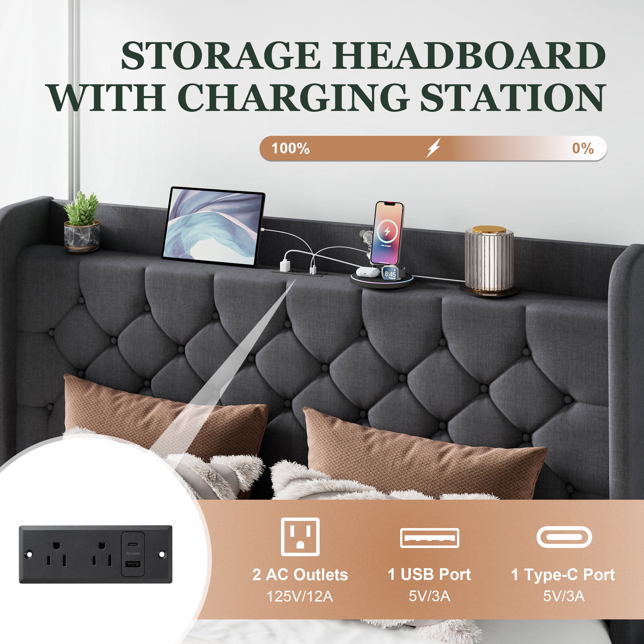 Einfach King Bed Frame, Upholstered Platform Bed with Storage Wingback Headboard and Fast Charging Hub, No Box Spring Required, Deep Gray