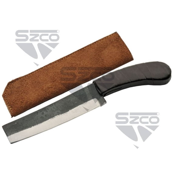 SZCO 12 Inch Forged Fixed Blade Chopper Knife 6.5" Carbon Steel Blade, Leather Wrapped Handle, Outdoor Camping Tool with Suede Sheath