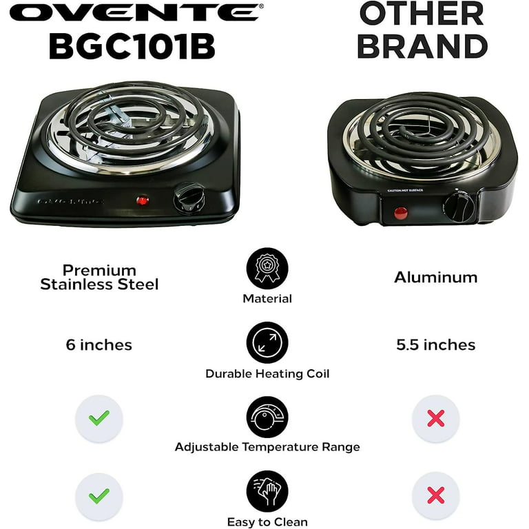 Ovente Electric Countertop Single Burner, 1000W Cooktop with 7.25 inch Cast Iron Hot Plate, 5 Level Temperature Control, Compact Cooking Stove and