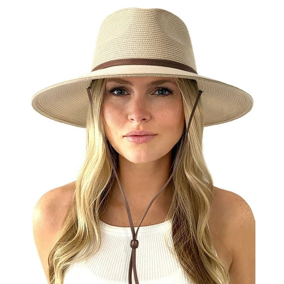Womens Summer Straw Sun Hats Wide Brim Panama Fedora Beach Hat with Wind Lanyard UPF 80 Khaki