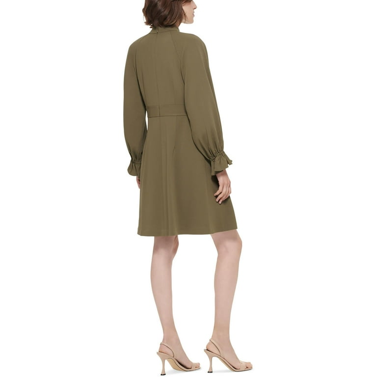 CALVIN KLEIN Womens Green Zippered Pleated Long Sleeve Mock Neck Above The  Knee Wear To Work Fit + Flare Dress 14