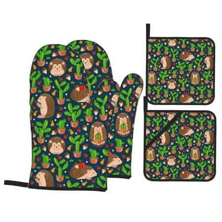 

Oven Mitts and Pot Holders Sets 4 pcs Cute Hedgehogs Cactus Blue Non-Slip Oven Gloves Potholders Soft Quilted Lining Heat Resistant Gloves Hot Pads for Kitchen Cooking Baking