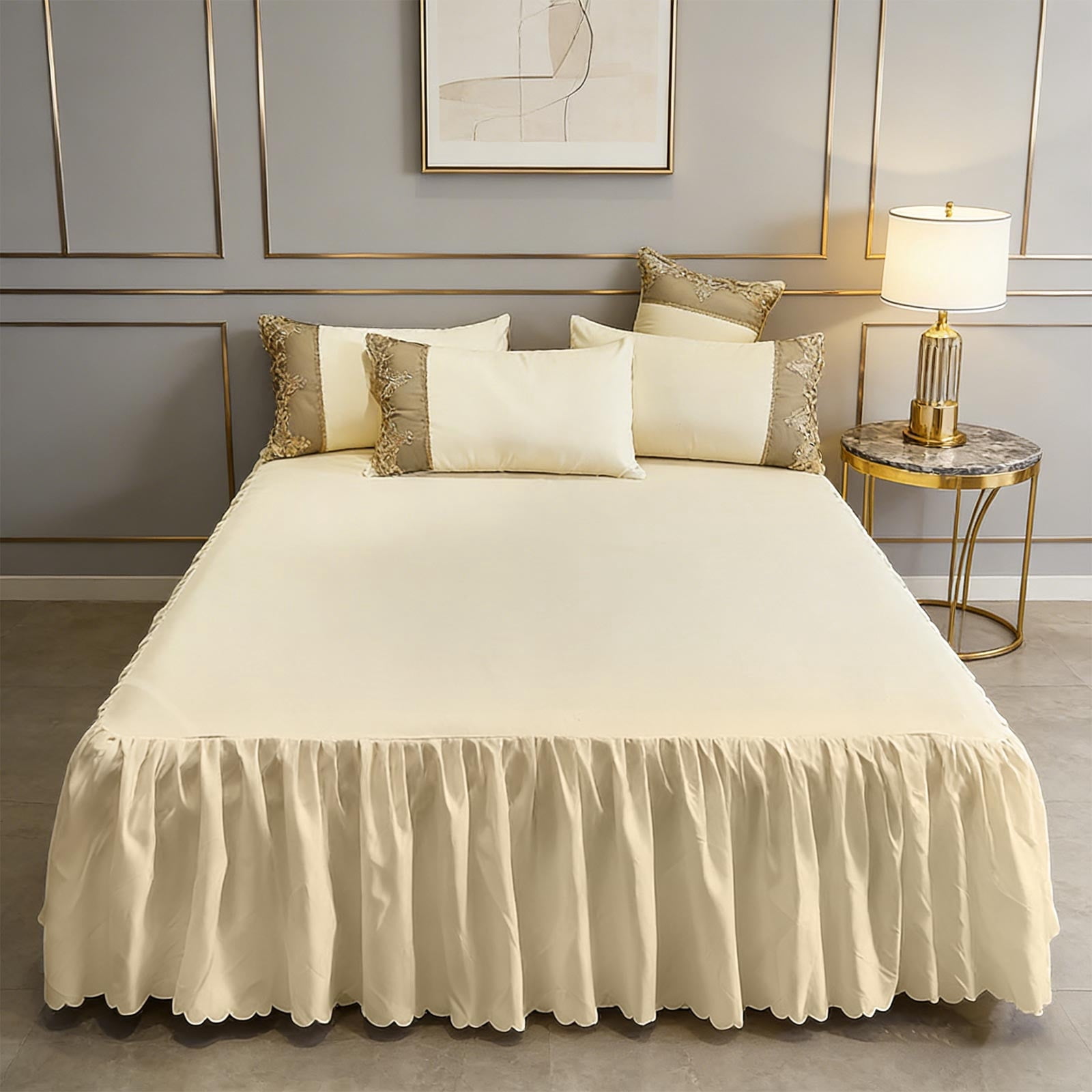 Luxury Solid Color Lace Bed Skirt, Full Coverage Dustproof & Wear-Resistant Bed Cover, Bed Skirt Queen Size Ruffled Bed Skirt with Split Corners 78.74*59.06 inches （Beige）