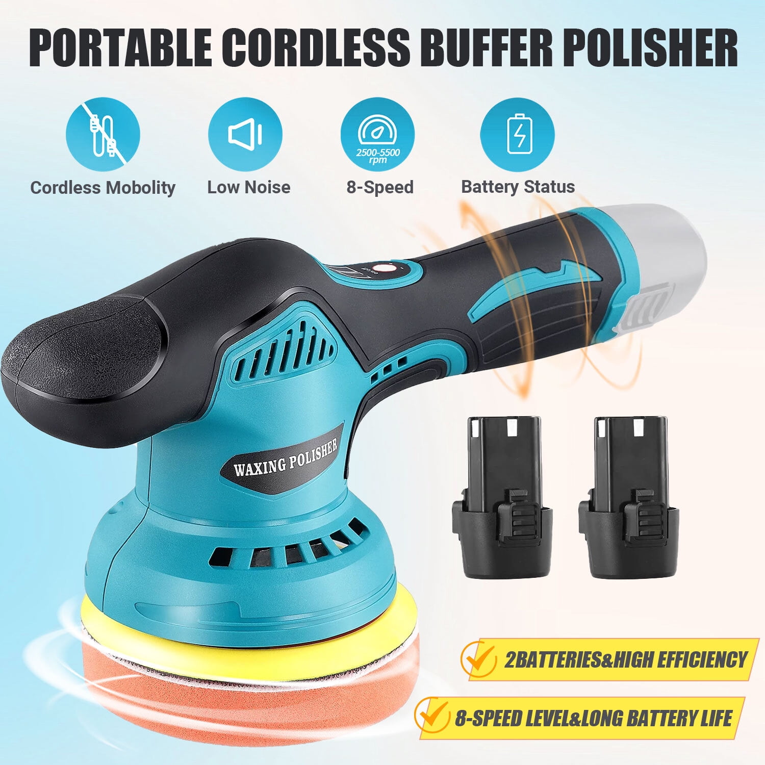 HUKOER Cordless Car Buffers Polishers Kit 7500 RPM 2 Pcs Batteries for Car  Detailing and Waxing