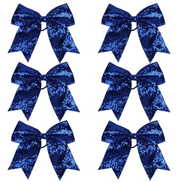 Metallic Sequin And Holographic 8 Inch Cheer Bow Cheerleader Cheerleading Jumbo Cheer Bow Hair Tie Blue Holographic
