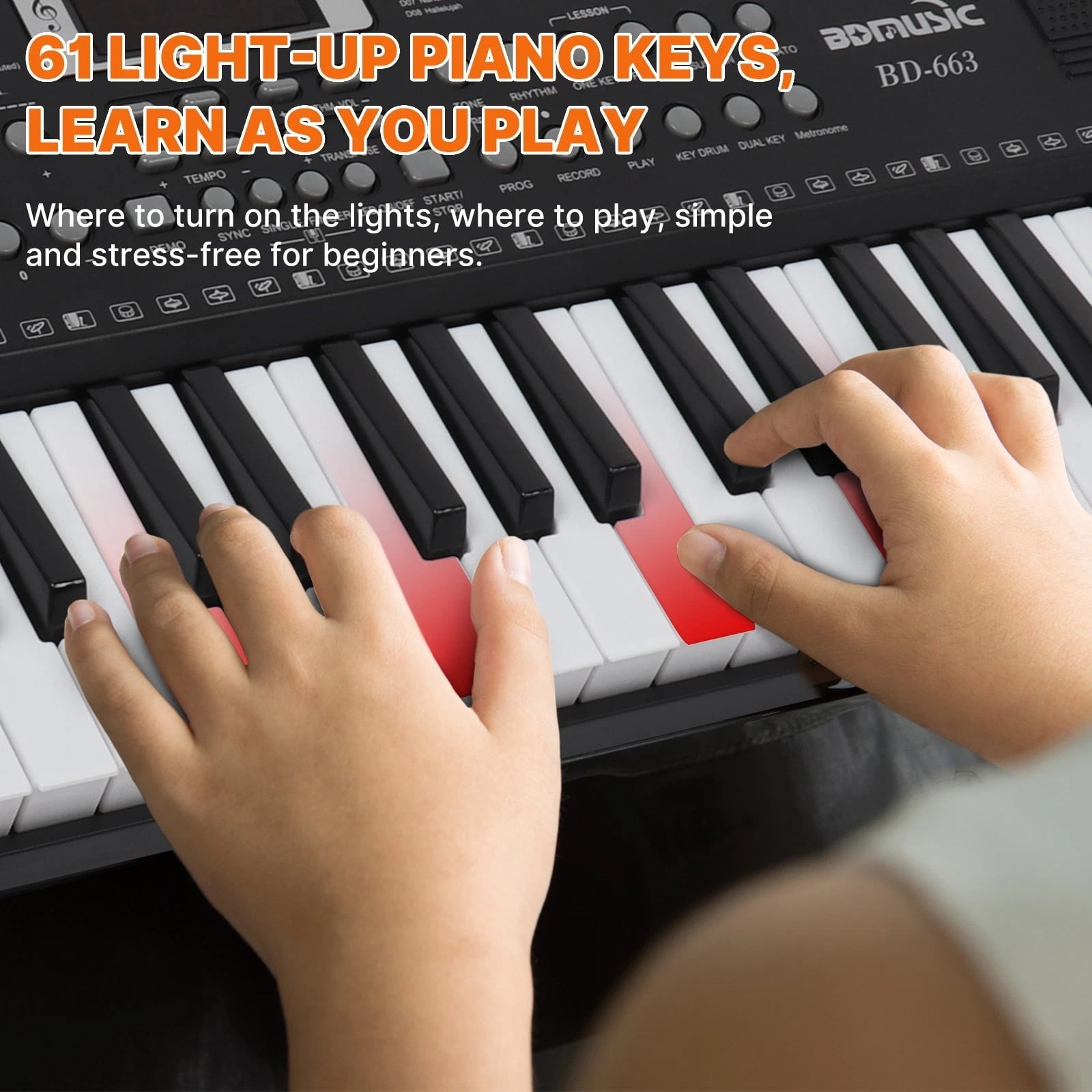 iMeshbean 61 Key Light Up Electronic Piano Keyboard with Adjustable Stand, Headphones, Microphone - Beginner to Professional