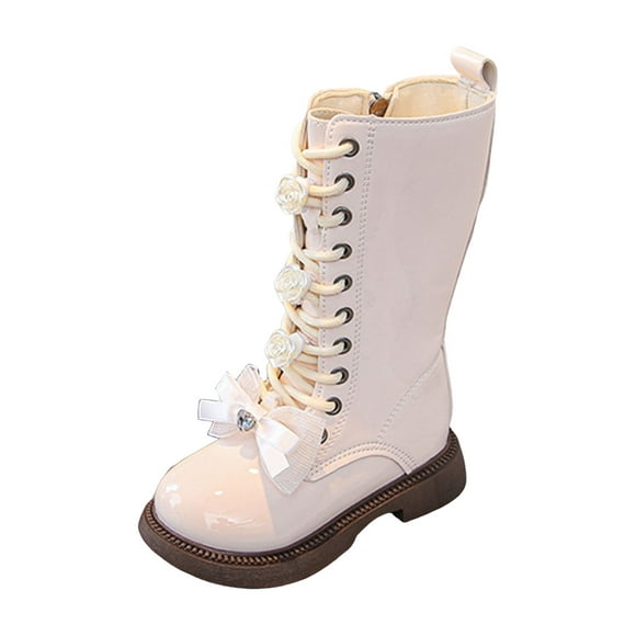 Yammkia Tall White Boots for Girls Girls Lace Up Riding Boots, Mid Calf Combat Boots Waterproof Leather Side Zipper Boot Size 11 (White,Little Kids 11)