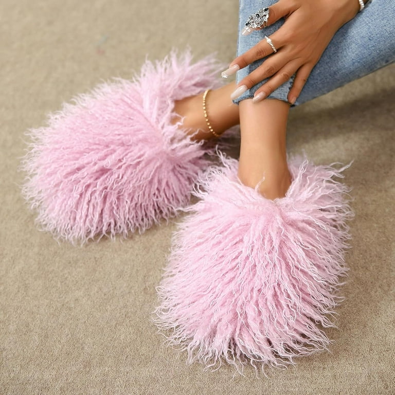 KAQ Unisex Fuzzy Faux Fur Slippers, Women's Fluffy Long Hair Sheep