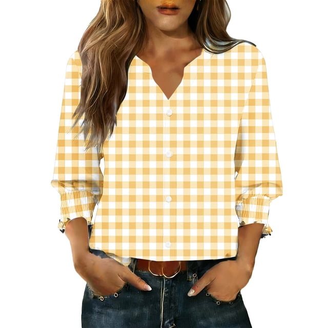Camisas de Cuello de Tripulación de Manga Corta para las Mujeres, Cardigan con Cuello en V con Mangas 3/4