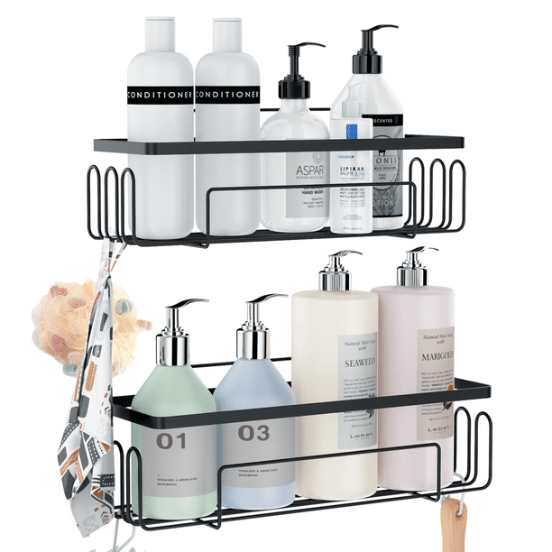 Koovon Bathroom Shelf Organizer,  Shower Shelves Stainless Steel Self Adhesive Shower Caddy, Rustproof Wall Mount Bathroom Rack Storage Organizer for Bathroom, 2 Pcs Black