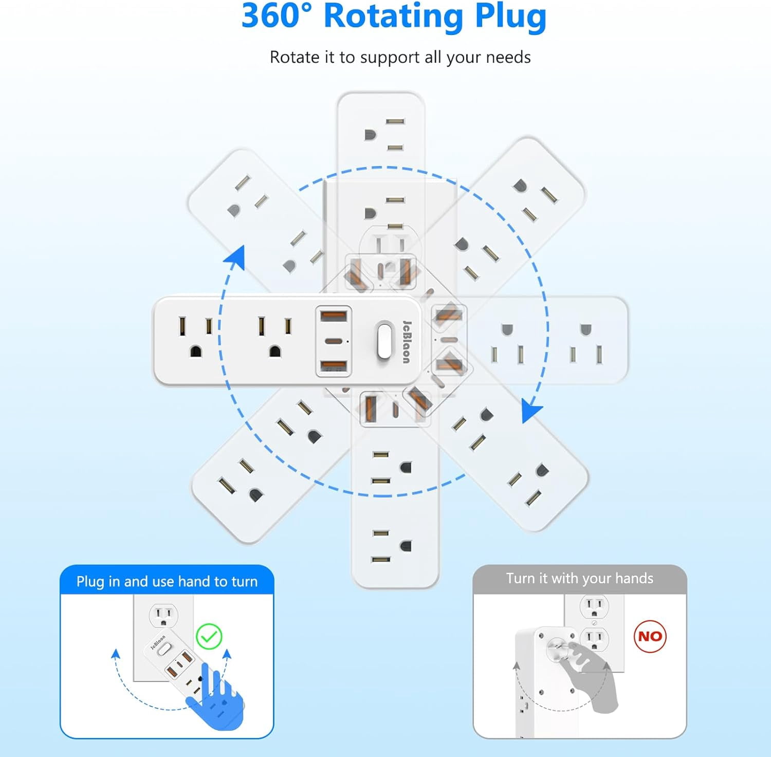 JcBlaon Power Strip Surge Protector Adapter, 6 AC Outlets 3 USB Ports Outlet Extender, White