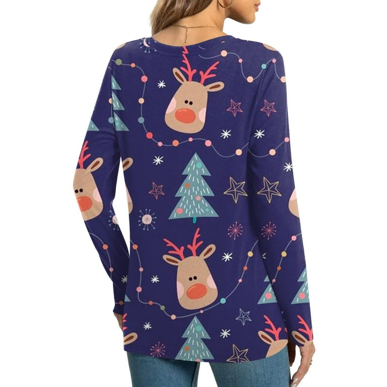 Jacenvly Sweatshirt for Womens Fall Clearance Long Sleeve Christmas Elk  Print Womens Tops Trendy Cute Casual Round Neck Sweaters Light Soft