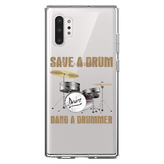 DistinctInk Clear Shockproof Hybrid Case for Galaxy Note 10 PLUS (6.8" Screen) - TPU Bumper Acrylic Back Tempered Glass Screen Protector - Save a Drum, Bang a Drummer
