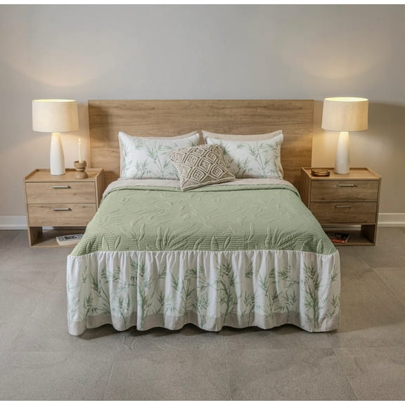 BAMBOO LEAVES SOFT TEXTURE REVERSIBLE BEDSPREAD WITH ATTACHED RUFFLE 3 PCS KING SIZE MADE IN MEXICO