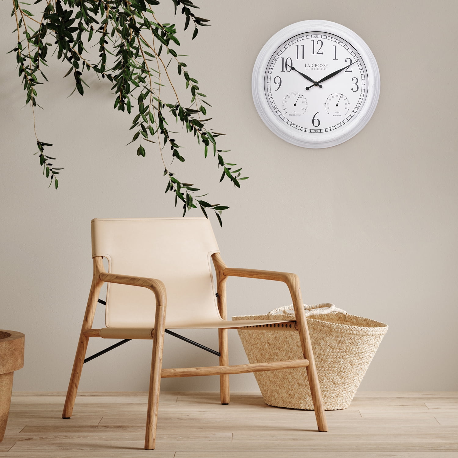 La Crosse Clock 15" Indoor/Outdoor Quartz Payton White Wall Clock with Temp & Humidity, 404-3015CC