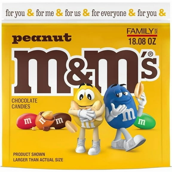M&M'S Peanut Milk Chocolate Candy, Family Size, 18.08 oz Resealable Bulk Bag
