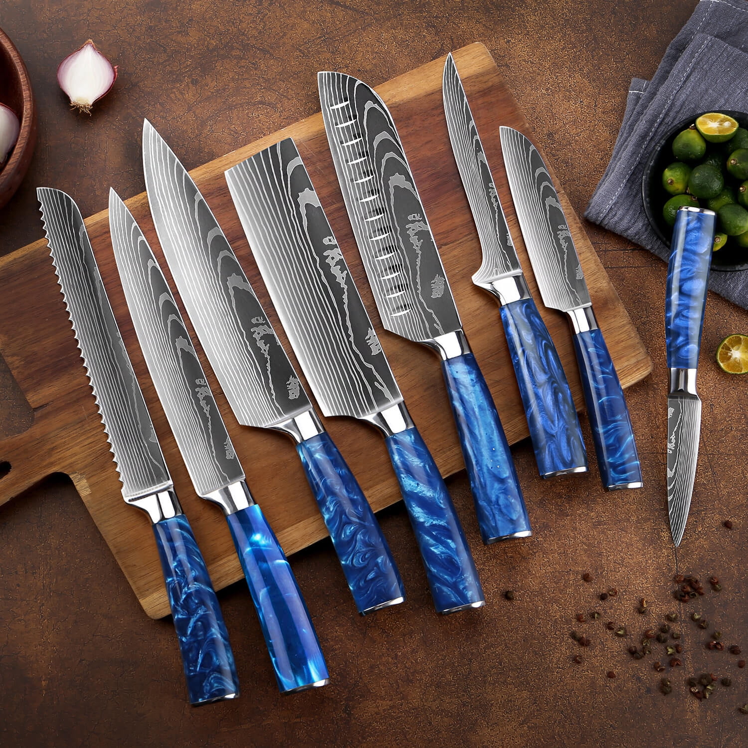 8-piece Premium Japanese Kitchen Knife Set with Blue Resin Handle & Laser Damascus Pattern - Chef's Knife, Paring Knife, Bread Knife & More
