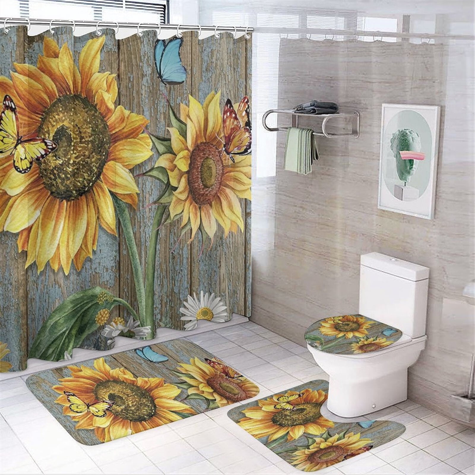 4pcs Rustic Sunflower Shower Curtain Sets Farmhouse Barn Door Country