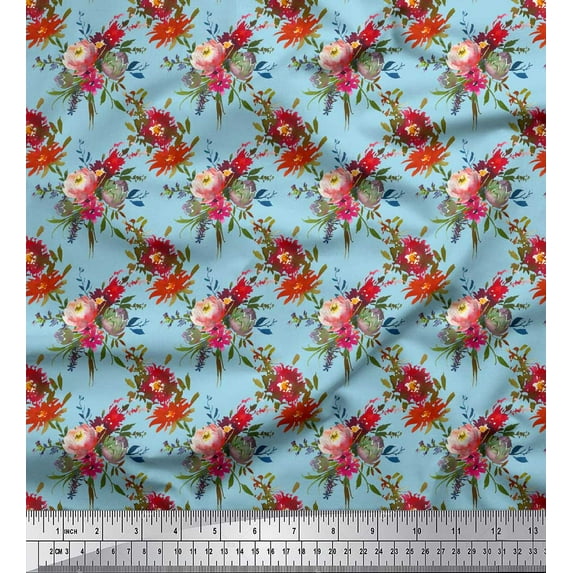 Soimoi Blue Viscose Chiffon Fabric Leaves & Peony Floral Print Sewing Fabric Yard 42 Inch Wide