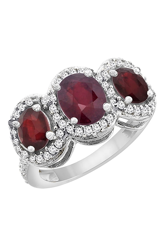 10K White Gold Natural HQ Ruby & Enhanced Ruby 3-Stone Ring Oval Diamond Accent, size 5