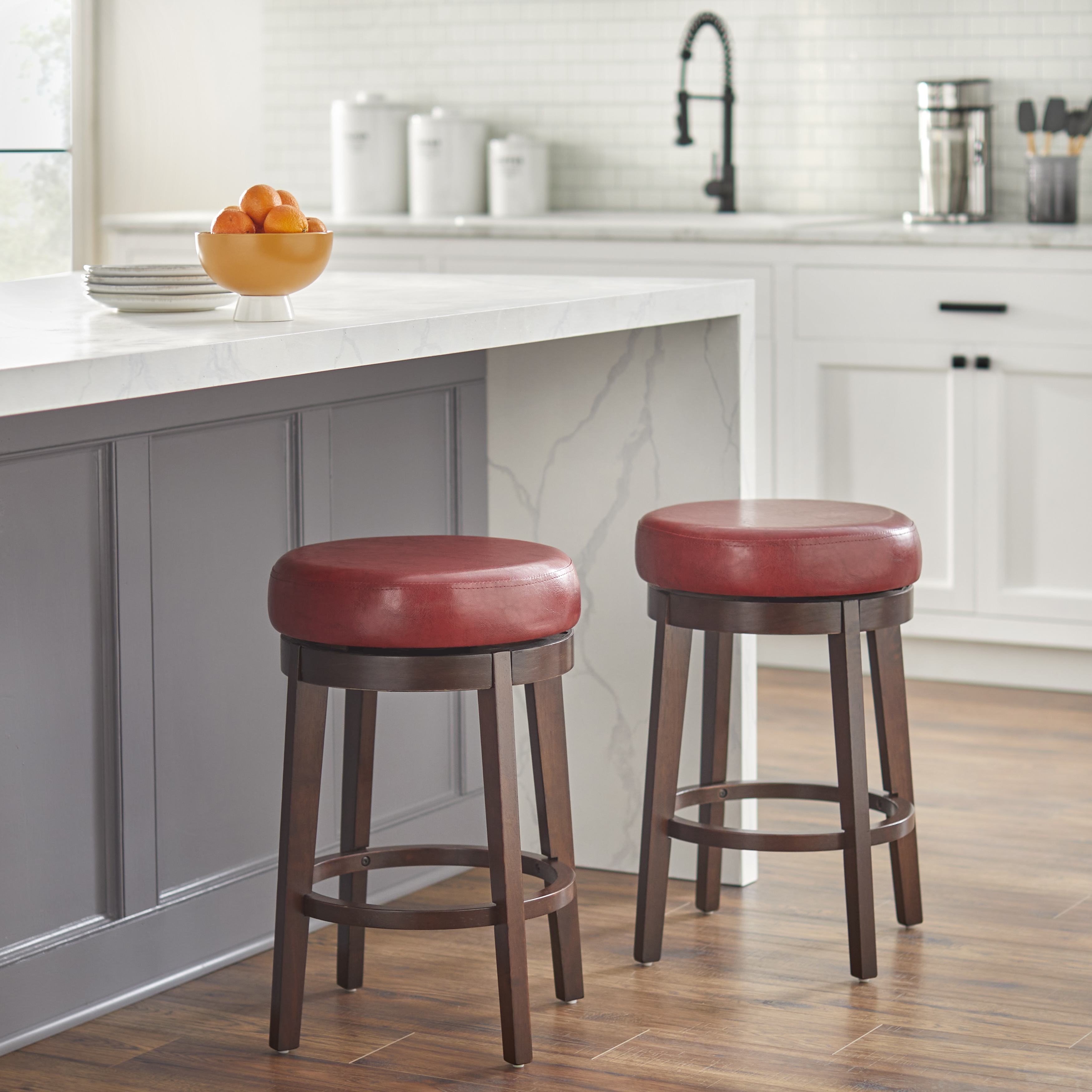 TMS Avenue 24" Round Indoor Swivel Counter Stool, Rich Brown/Red Faux Leather