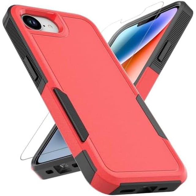 KOMI iPhone 16E Case: Dual Layer Protective Heavy Duty Cell Phone Cover Shockproof Rugged with HD Screen Protector - Military Protection Bumper Tough - Apple iPhone 16E / SE 2025 / SE4, Red