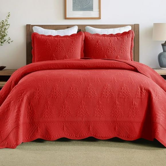 MarCielo 3-Piece Christmas Quilt 100% Cotton Oversized Bedspread Lightweight Coverlet Embroidery Christmas Tree Pattern Bedding Set TC (Red, Queen (100""x106""))