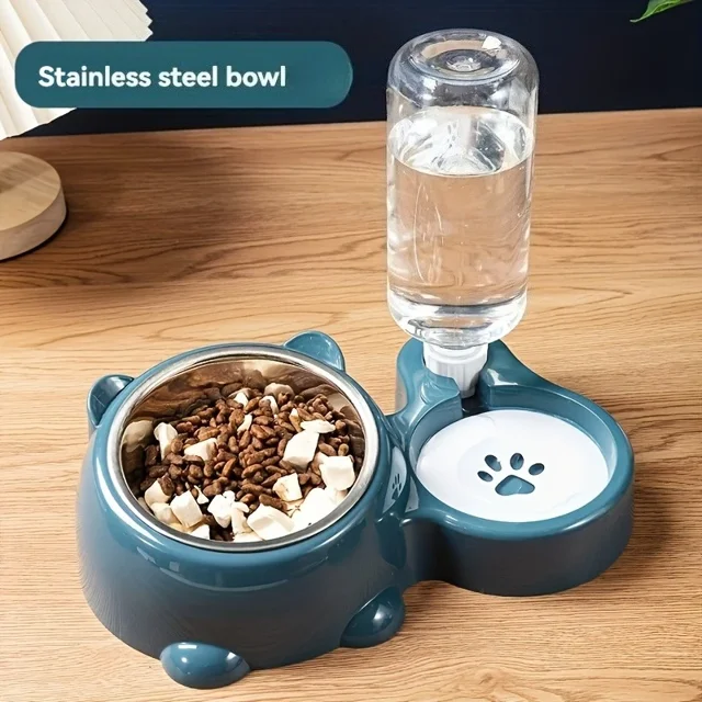 Comedero y Bebedero Automático para Mascotas, Sistema de Alimentación Integrado para Perros y Gatos, Sin Necesidad de Baterías ni Energía, Boca Inclinada,1set-Blue