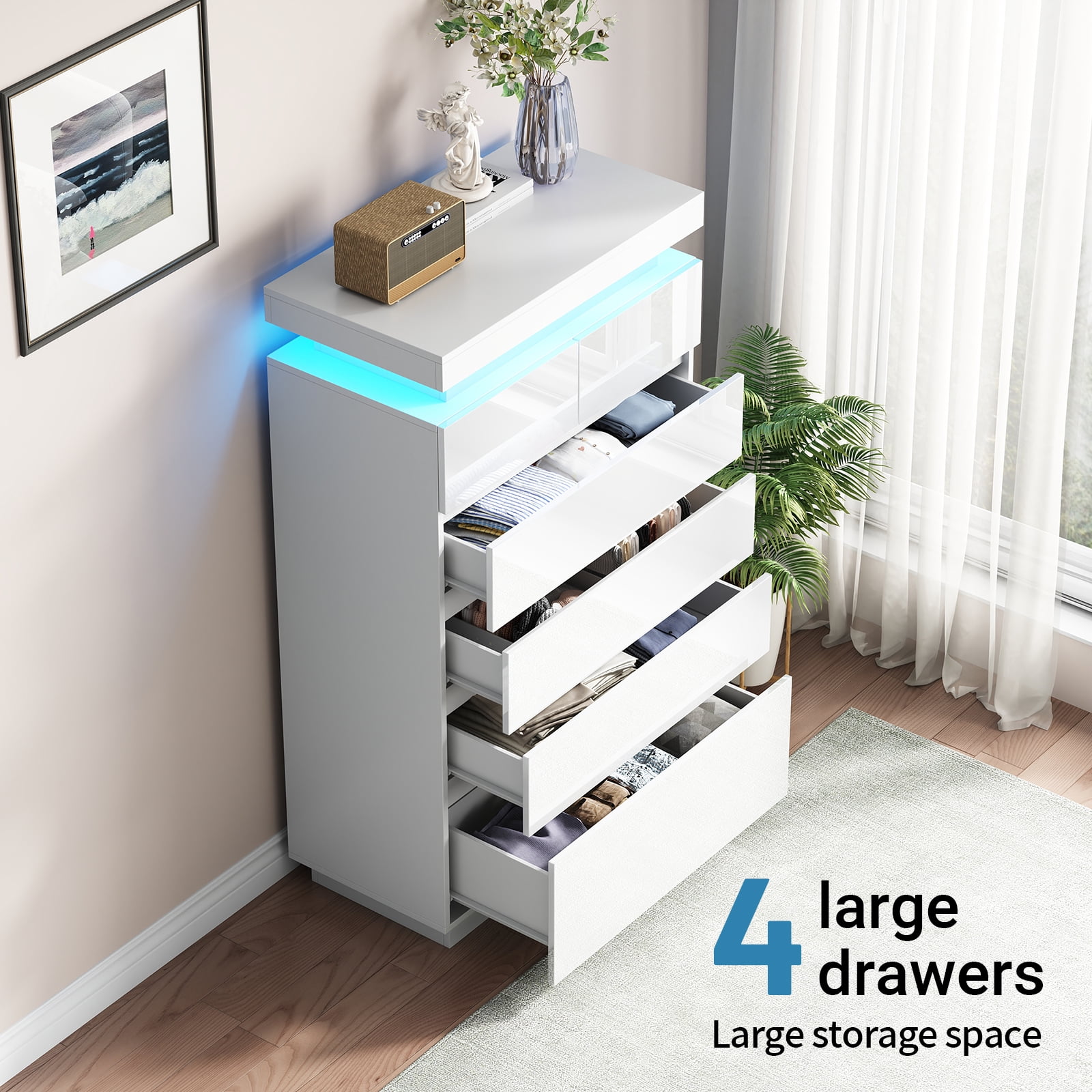 6 Drawers Dresser, Modern Tall Dresser for Closet with Adjustable LED Lights, High Gloss Chests of Drawers, Wood Storage Cabinet for Bedroom, Entryway, Living Room, Dressing Room, White