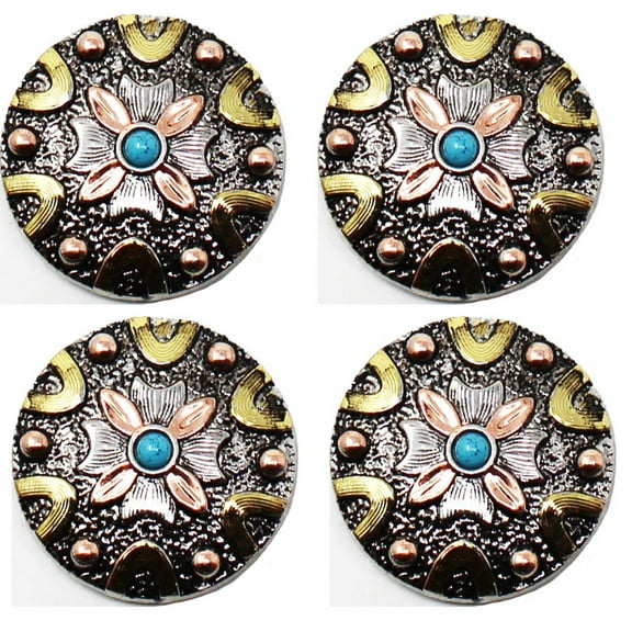 Set of 4 Screw Back Conchos Western Saddle 1-1/4" Engraved Turquoise Stone Co594