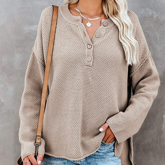 Abcnature Women Batwing Sleeve Long Sleeve V Neck Button Knit Casual Jumper Tops Plus Size Tops for Ladies Autumn Winter Casual Loose Tunic Blouse Khaki S