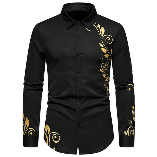 camisa de manga larga con estampado de botones casuales a la moda para hombre odeerbi odb179581 Camisa negra entallada, vista frontal con botonadura central y cuello clásico; estampado dorado de motivos curvos en el lado derecho del torso, puños y bajo; tejido liso (95% poliéster, 5% elastano) para otoño/invierno y uso casual diario; foto sobre fondo blanco, adecuada para combinar con jeans negros.