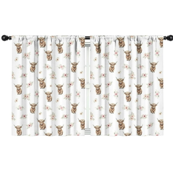 Blackout Kids Curtains,White Highland Cow Flower Pattern Childrens Insulated Curtains Set Of 2,Bedroom Essentials,Toddler Room Decor 42"x54"