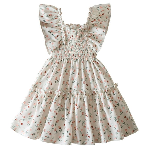 Gaexia Girls Dresses ,Toddler Children Girls Short Sleeve Flowers Prints Dresses Dress Clothes (White,4-5 Years)