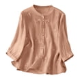 thumbnail image 2 of tarylea Cotton Linen Tops for Women Embroidery 3/4 Sleeve Button down Crew Neck Blouse Tops Casual Boho Dressy Tops, 2 of 9