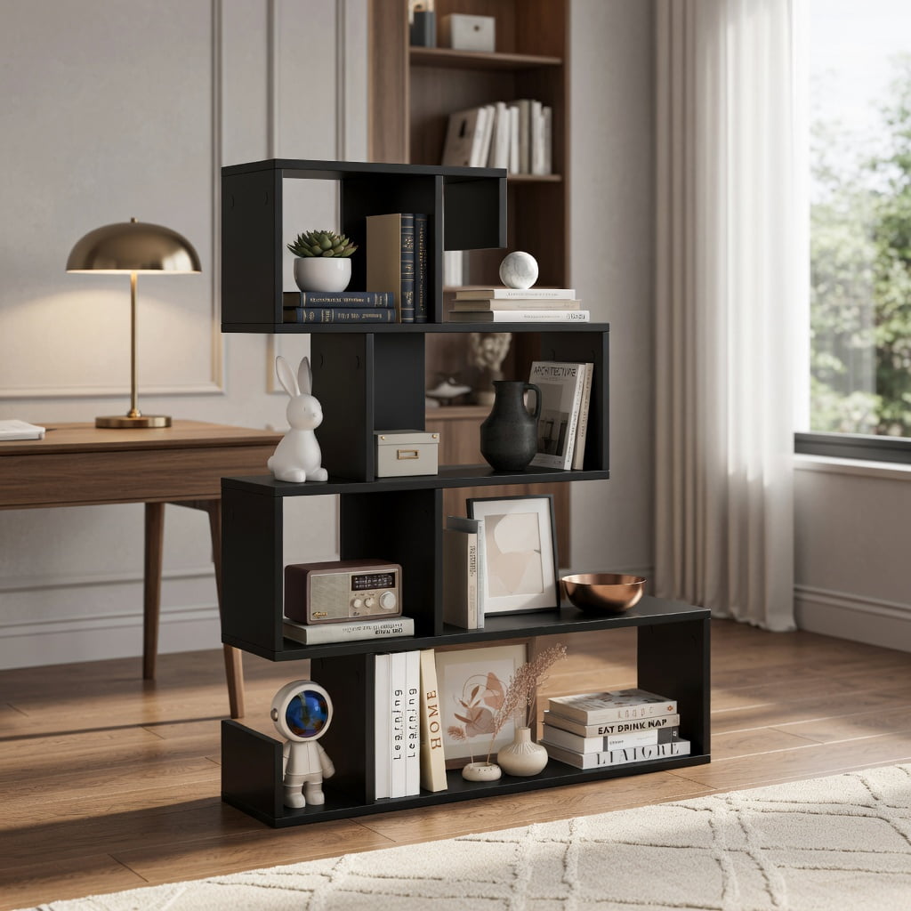 Spaco 5-Tier S-Shaped Bookshelf Geometric Z-Shelf Bookcase with Open Cubes-Black, Tall Bookshelf, Shelves for Living Room, Home Office, Bedroom, Balcony
