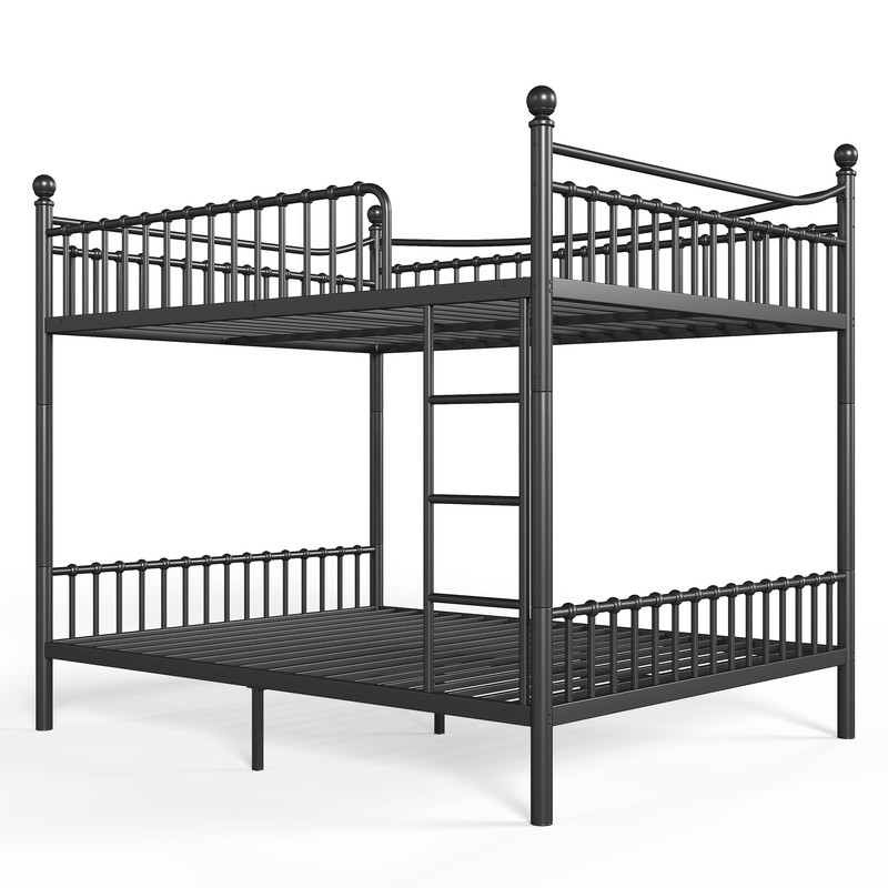 Queen over Queen Metal Bunk Bed with Curved Guardrail, Round Tube Bedpost Detachable Bed Frame for Kids, Teens & Adults