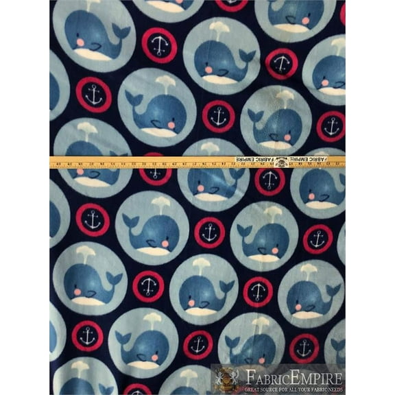 Fleece Printed Fabric WHALE ANCHOR PINK / 58" Wide / Sold by the yard S-635