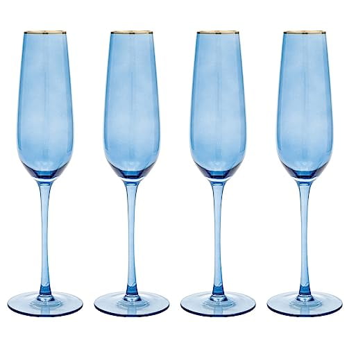 Vikko Champagne Flutes, 8.5 Ounce Toasting Champagne Flute, Blue with Gold Rim Crystal Clear Champagne Glasses, Set of 4 Elegant Sparkling Wine Glasses