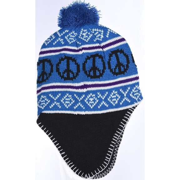 SWAK Girl's Emoji Peace Sign Knit Hat with Ear Flaps and Pom in 3 Vivid Colors