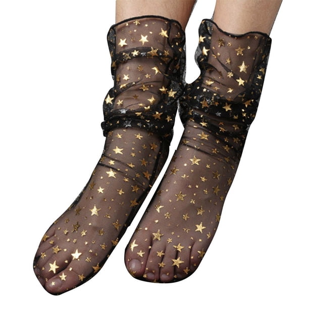 Girls Spring Nylon Glitter Stars Mesh Socks Transparent Women