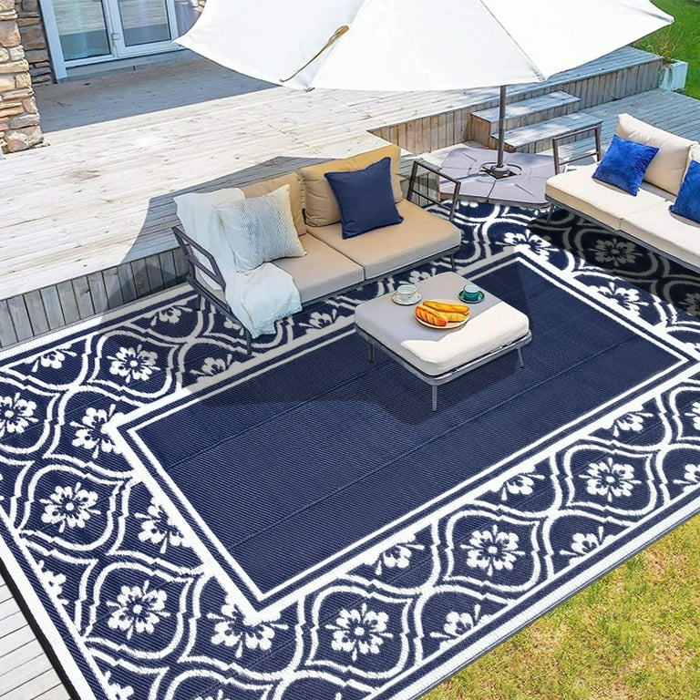 DEORAB 6'x9' Outdoor Rug Patio Clearance Straw Plastic Mat Deck Porch  Camper Balcony Blue White 